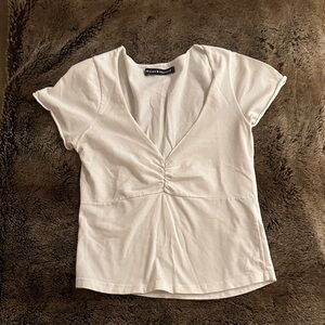 Brandy Melville White V-Neck Gathered Tee